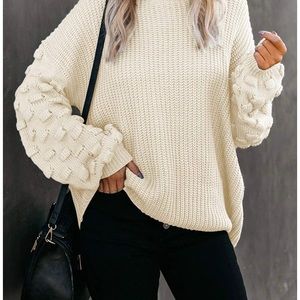 Women Cream Oversized Crewneck Puff Sleeve Sweater